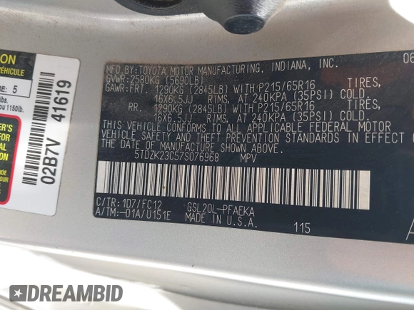 2007 Toyota Sienna CE with VIN 5TDZK23C57S076968, listed as a IAAI auction lot 41793904 with 219,373 mi miles. Bid and sale history available at carsss.com. Image 9.