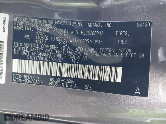 2020 Toyota Sienna XLE Auto Access Seat with VIN 5TDYZ3DCXLS074767, listed as a IAAI auction lot 41584795 with 73,568 mi miles. Bid and sale history available at carsss.com. Image 9.