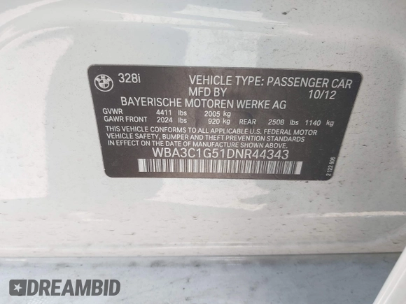 2013 BMW 3 Series 328i with VIN WBA3C1G51DNR44343, listed as a IAAI auction lot 42160138 with 72,686 mi miles. Bid and sale history available at carsss.com. Image 9.