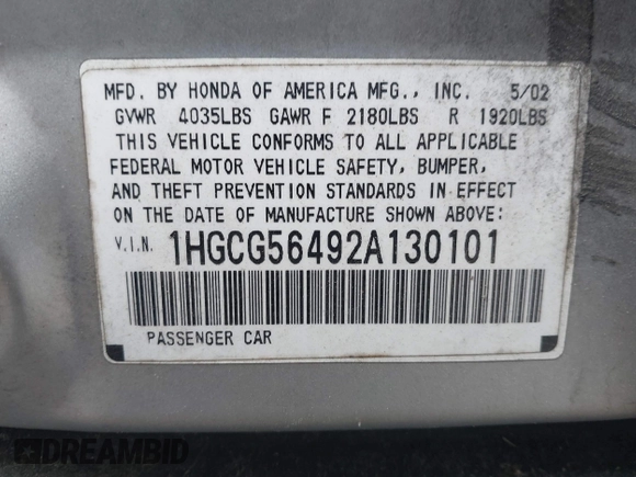 2002 Honda Accord LX с VIN 1HGCG56492A130101, выставлен на аукционе IAAI как лот 42643424 с пробегом 249 349 миль миль и . История ставок и продаж доступна на DreamBid. Изображение 9.
