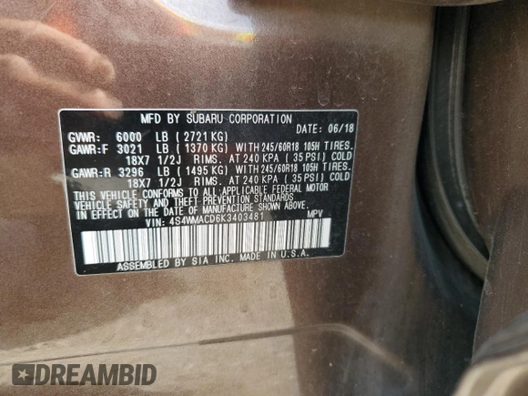 2019 Subaru Ascent Premium with VIN 4S4WMACD6K3403481, listed as a Copart auction lot 60439925 with 164,895 mi miles and Salvage title. Bid and sale history available at DreamBid. Image 13.