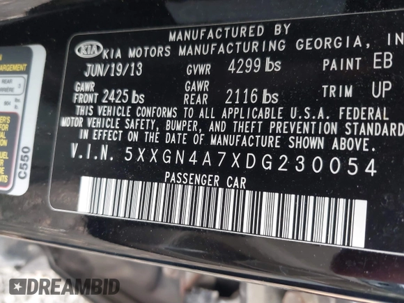 2013 Kia Optima EX with VIN 5XXGN4A7XDG230054, listed as a IAAI auction lot 40856801 with 235,368 mi miles. Bid and sale history available at carsss.com. Image 9.