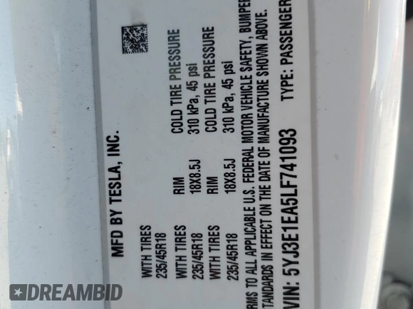 2020 Tesla Model 3 Standard Range Plus z VIN 5YJ3E1EA5LF741093, wystawiony jako Copart lot #52891695 z przebiegiem 59 168 mil mil oraz Szkoda całkowita • Salvage title. Historia ofert i sprzedaży dostępna na DreamBid. Obrazek 13.