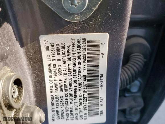 2017 Honda Civic Sedan EX with VIN 19XFC2F71HE071440, listed as a Copart auction lot 53755715 with 50,623 mi miles and Salvage Title. Bid and sale history available at carsss.com. Image 13.