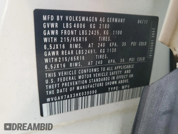 2017 Volkswagen Tiguan S with VIN WVGAV7AX3HK039090, listed as a Copart auction lot 60723615 with 72,311 mi miles and Salvage title. Bid and sale history available at DreamBid. Image 14.