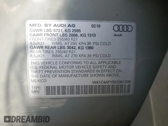 2019 Audi SQ5 Prestige with VIN WA1C4AFY5K2061298, listed as a Copart auction lot 59724374 with 65,712 mi miles and Salvage Title. Bid and sale history available at DreamBid. Image 12.