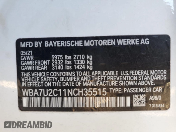 2022 BMW 7 Series with VIN WBA7U2C11NCH35515, listed as a Copart auction lot 63693782 with Not provided miles and . Bid and sale history available at DreamBid. Image 10.