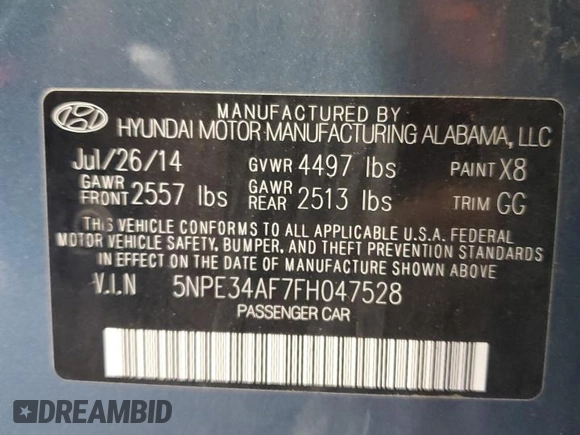 2015 Hyundai Sonata Sport with VIN 5NPE34AF7FH047528, listed as a Copart auction lot 54252645 with 58,703 mi miles and Salvage title. Bid and sale history available at DreamBid. Image 12.