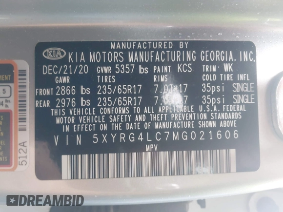 2021 Kia Sorento LX with VIN 5XYRG4LC7MG021606, listed as a IAAI auction lot 39290637 with 67,949 mi miles and . Bid and sale history available at DreamBid. Image 9.