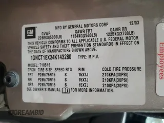 2004 Chevrolet Blazer LS z VIN 1GNCT18X34K143280, wystawiony jako Copart lot #50494785 z przebiegiem Nie podano mil oraz Szkoda całkowita • Salvage title. Historia ofert i sprzedaży dostępna na DreamBid. Obrazek 12.