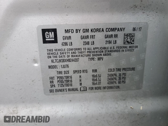 2017 Chevrolet Trax LS with VIN KL7CJKSBXHB244207, listed as a Copart auction lot 50719925 with 69,167 mi miles and Salvage Title. Bid and sale history available at carsss.com. Image 15.