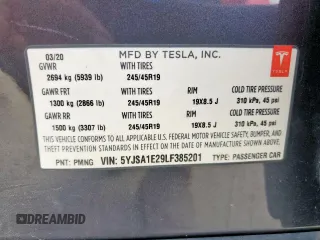 2020 Tesla Model S Long Range with VIN 5YJSA1E29LF385201, listed as a Copart auction lot 59536305 with 57,108 mi miles and Salvage title. Bid and sale history available at DreamBid. Image 12.