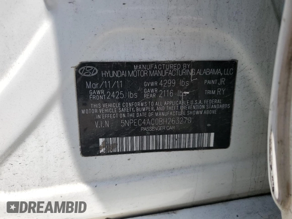 2011 Hyundai Sonata Limited with VIN 5NPEC4AC0BH263270, listed as a Copart auction lot 55154625 with 199,621 mi miles and Salvage Title. Bid and sale history available at DreamBid. Image 12.