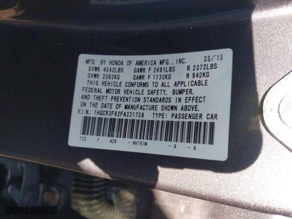2015 Honda Accord Sedan EX-L with VIN 1HGCR3F82FA031708, listed as a IAAI auction lot 41223504 with 91,559 mi miles. Bid and sale history available at carsss.com. Image 9.