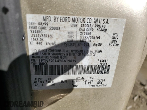 2000 Ford F-250 XL z VIN 1FTNF21L4YEA19819, wystawiony jako Copart lot #45388195 z przebiegiem 178 679 mil mil oraz Szkoda całkowita • Salvage title. Historia ofert i sprzedaży dostępna na DreamBid. Obrazek 12.