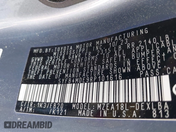 2024 Toyota Corolla LE with VIN 5YFB4MDE9RP101616, listed as a IAAI auction lot 42030741 with 27,141 mi miles and . Bid and sale history available at DreamBid. Image 9.