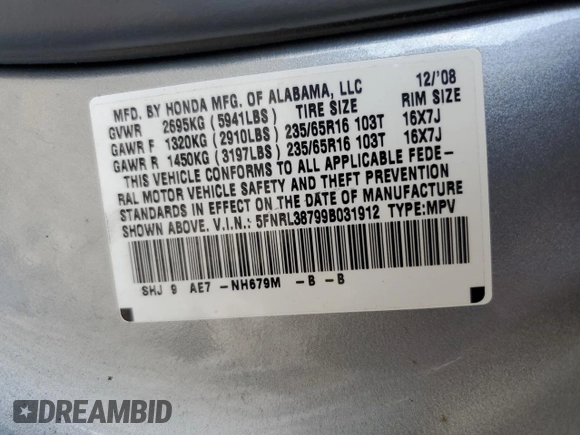 2009 Honda Odyssey EX-L with VIN 5FNRL38799B031912, listed as a Copart auction lot 54800275 with 235,659 mi miles and Clean Title. Bid and sale history available at carsss.com. Image 13.