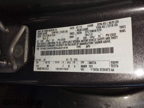 2013 Ford Escape SEL with VIN 1FMCU0HX2DUA51416, listed as a IAAI auction lot 41689474 with 140,596 mi miles and . Bid and sale history available at DreamBid. Image 9.
