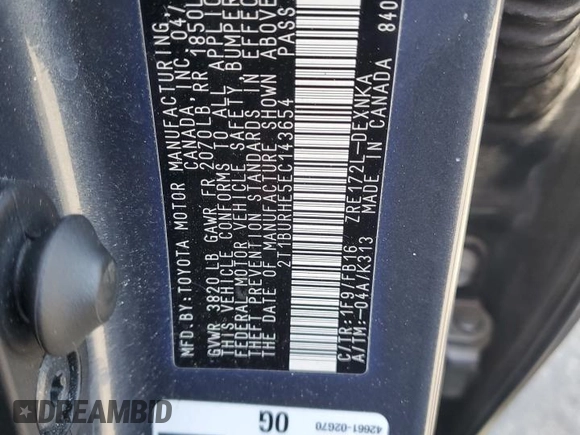 2014 Toyota Corolla L with VIN 2T1BURHE5EC143654, listed as a Copart auction lot 55558195 with 108,600 mi miles and Salvage title. Bid and sale history available at DreamBid. Image 12.