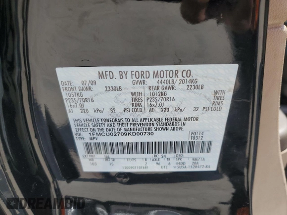 2009 Ford Escape XLS с VIN 1FMCU02709KD00730, выставлен на аукционе Copart как лот 54524405 с пробегом 120 523 миль миль и Списание • Salvage title. История ставок и продаж доступна на DreamBid. Изображение 13.