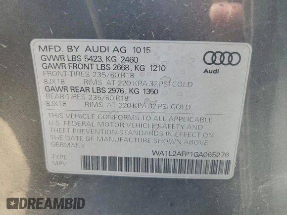 2016 Audi Q5 Premium Plus with VIN WA1L2AFP1GA065276, listed as a Copart auction lot 59135094 with 66,105 mi miles and Salvage Title. Bid and sale history available at carsss.com. Image 13.