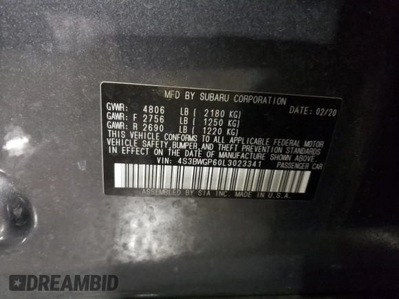 2020 Subaru Legacy Touring XT with VIN 4S3BWGP60L3023341, listed as a Copart auction lot 78623244 with 30,884 mi miles and Salvage title. Bid and sale history available at DreamBid. Image 14.