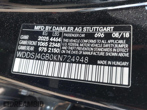 2019 Mercedes-Benz CLA 250 with VIN WDDSJ4GB0KN724948, listed as a IAAI auction lot 40629400 with 45,717 mi miles and . Bid and sale history available at DreamBid. Image 9.