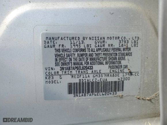 2014 Nissan Sentra S with VIN 3N1AB7AP6EL620433, listed as a Copart auction lot 53177425 with 126,931 mi miles and Salvage Title. Bid and sale history available at carsss.com. Image 12.