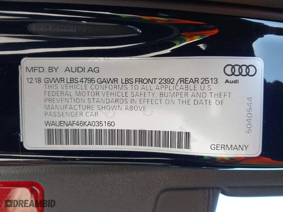 2019 Audi A4 Premium Plus with VIN WAUENAF46KA035160, listed as a IAAI auction lot 41738361 with 40,170 mi miles. Bid and sale history available at carsss.com. Image 9.