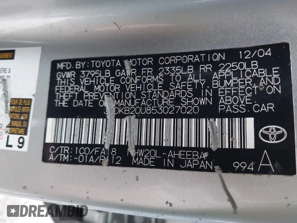 2005 Toyota Prius with VIN JTDKB20U853027020, listed as a IAAI auction lot 42084542 with 147,426 mi miles and . Bid and sale history available at DreamBid. Image 18.