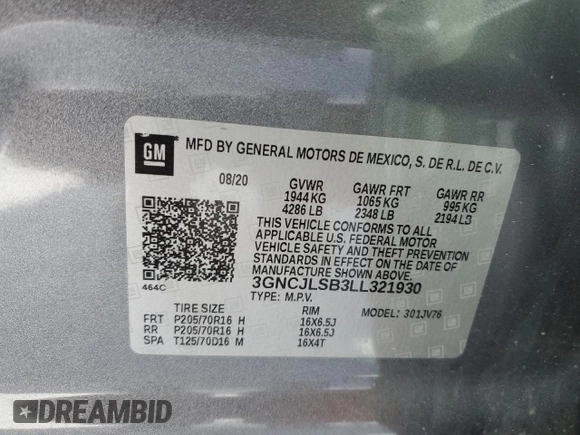 2020 Chevrolet Trax LT with VIN 3GNCJLSB3LL321930, listed as a Copart auction lot 46072075 with 25,620 mi miles and Salvage Title. Bid and sale history available at DreamBid. Image 13.
