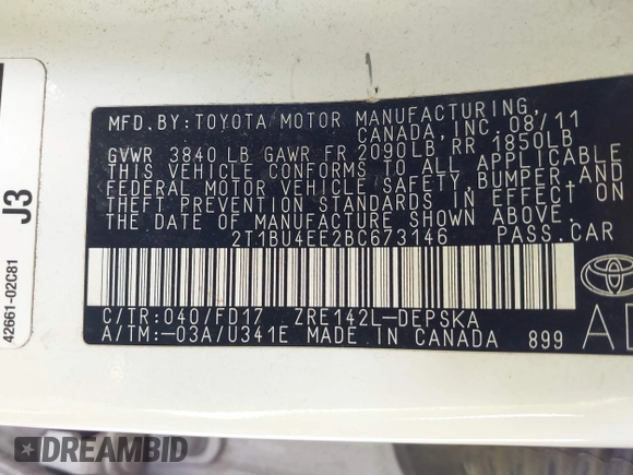 2011 Toyota Corolla L with VIN 2T1BU4EE2BC673146, listed as a IAAI auction lot 41802185 with 183,180 mi miles. Bid and sale history available at carsss.com. Image 9.