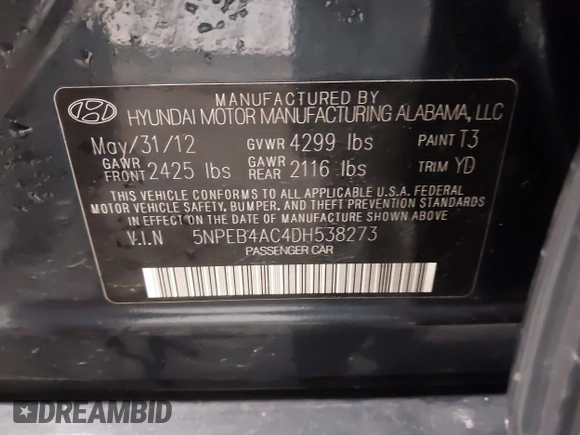 2013 Hyundai Sonata GLS with VIN 5NPEB4AC4DH538273, listed as a IAAI auction lot 41955556 with 111,015 mi miles and . Bid and sale history available at DreamBid. Image 9.