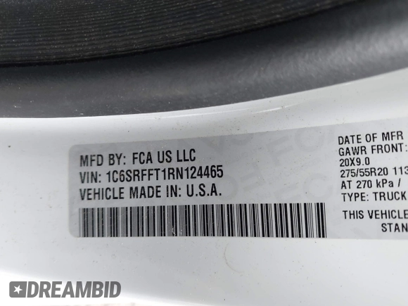 2024 Ram 1500 Big Horn with VIN 1C6SRFFT1RN124465, listed as a IAAI auction lot 41839097 with 24,106 mi miles and . Bid and sale history available at DreamBid. Image 9.