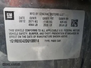 2013 Chevrolet Volt with VIN 1G1RE6E42DU108814, listed as a Copart auction lot 50838755 with 179,430 mi miles and Salvage Title. Bid and sale history available at carsss.com. Image 12.
