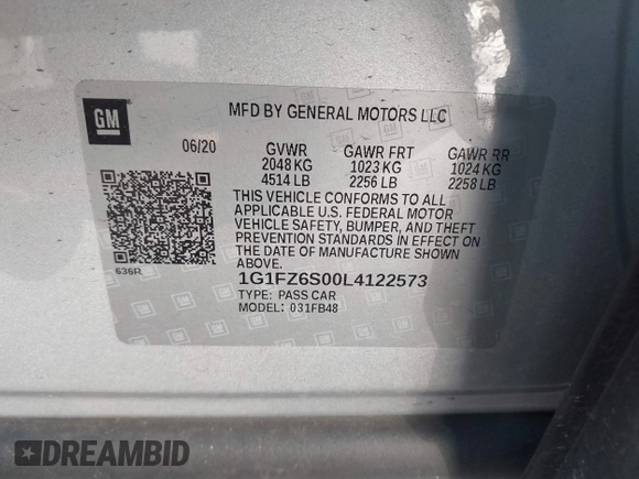 2020 Chevrolet Bolt EV Premier with VIN 1G1FZ6S00L4122573, listed as a IAAI auction lot 41624511 with 60,782 mi miles. Bid and sale history available at carsss.com. Image 9.