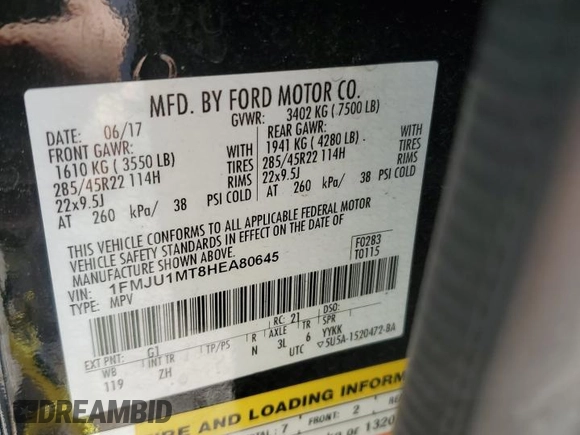 2017 Ford Expedition Platinum with VIN 1FMJU1MT8HEA80645, listed as a Copart auction lot 80705674 with 114,867 mi miles and Clean title. Bid and sale history available at DreamBid. Image 14.
