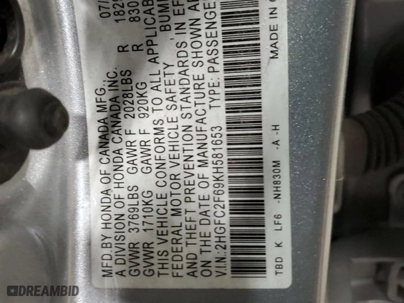 2019 Honda Civic Sedan LX with VIN 2HGFC2F69KH581653, listed as a Copart auction lot 87867265 with 101,353 mi miles and Salvage Title. Bid and sale history available at carsss.com. Image 13.