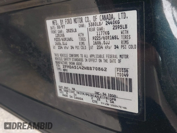1998 Ford Windstar GL with VIN 2FMDA5142WBB70862, listed as a IAAI auction lot 42838492 with 286,835 mi miles and . Bid and sale history available at DreamBid. Image 9.