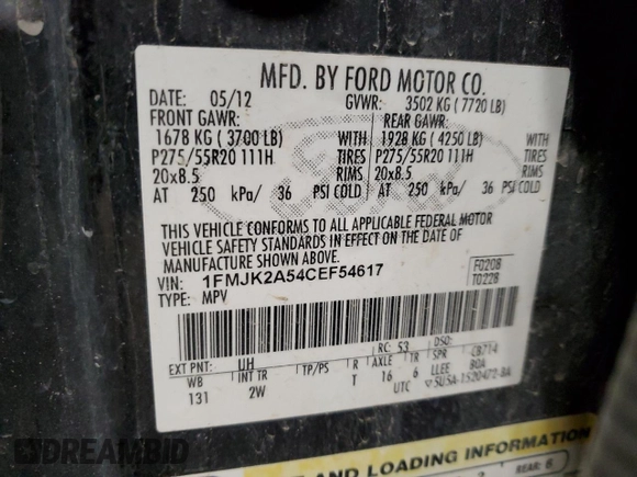 2012 Ford Expedition Max Limited с VIN 1FMJK2A54CEF54617, выставлен на аукционе Copart как лот 45192865 с пробегом 189 493 миль миль и Списание • Salvage title. История ставок и продаж доступна на DreamBid. Изображение 13.