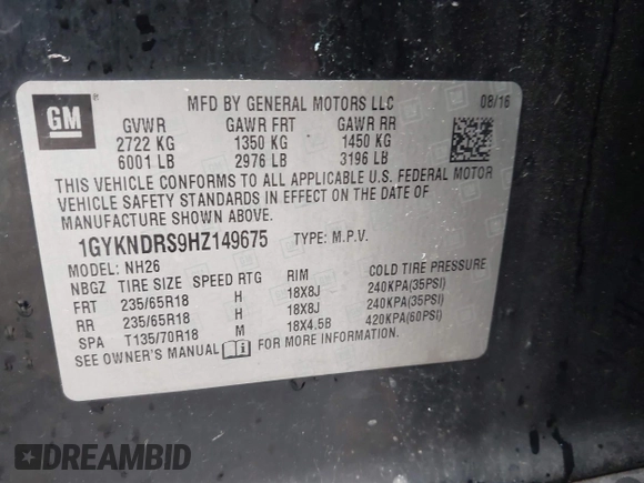 2017 Cadillac XT5 Luxury AWD with VIN 1GYKNDRS9HZ149675, listed as a IAAI auction lot 42329454 with 77,257 mi miles and . Bid and sale history available at DreamBid. Image 9.