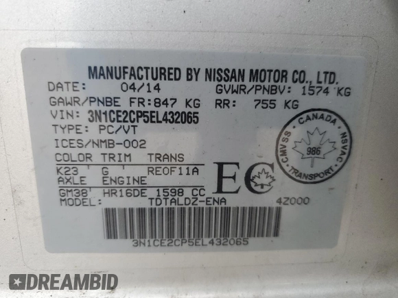 2014 Nissan Note SV с VIN 3N1CE2CP5EL432065, выставлен на аукционе Copart как лот 59479525 с пробегом 114 527 миль миль и Чистый • Clean title. История ставок и продаж доступна на DreamBid. Изображение 12.