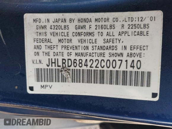2002 Honda CR-V LX with VIN JHLRD68422C007140, listed as a IAAI auction lot 41093756 with 184,588 mi miles and . Bid and sale history available at carsss.com. Image 9.