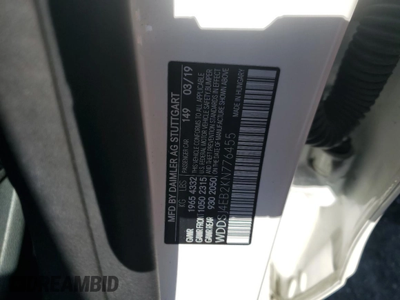 2019 Mercedes-Benz CLA 250 with VIN WDDSJ4EB2KN776455, listed as a Copart auction lot 63804063 with 41,459 mi miles and . Bid and sale history available at DreamBid. Image 12.