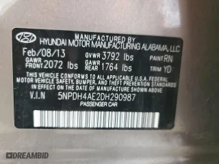 2013 Hyundai Elantra GLS PZEV with VIN 5NPDH4AE2DH290987, listed as a Copart auction lot 53750235 with 119,328 mi miles and Salvage Title. Bid and sale history available at carsss.com. Image 12.