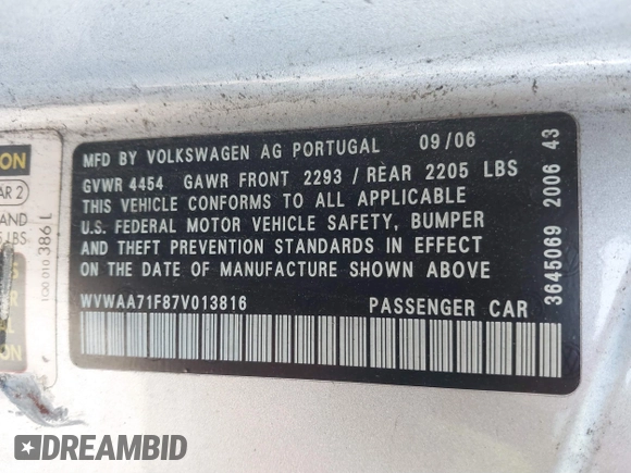 2007 Volkswagen Eos with VIN WVWAA71F87V013816, listed as a IAAI auction lot 41472069 with 210,082 mi miles and . Bid and sale history available at DreamBid. Image 9.