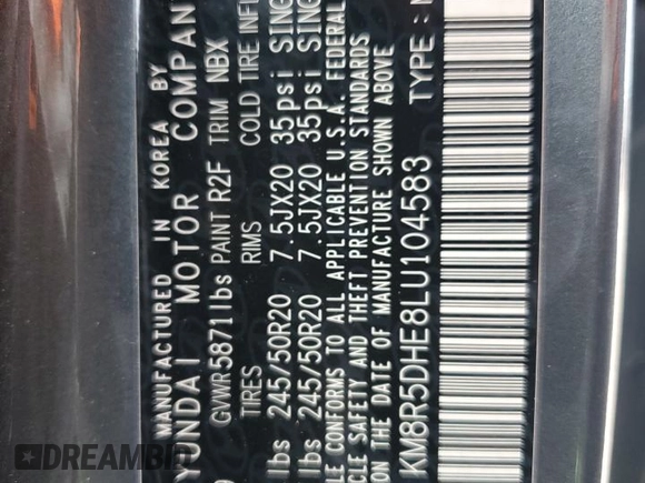 2020 Hyundai Palisade Limited with VIN KM8R5DHE8LU104583, listed as a Copart auction lot 58977595 with Not provided miles and Salvage title. Bid and sale history available at DreamBid. Image 13.