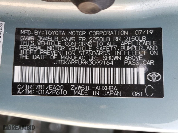 2019 Toyota Prius L Eco with VIN JTDKARFU9K3099164, listed as a Copart auction lot 52913335 with 53,951 mi miles and Salvage Title. Bid and sale history available at carsss.com. Image 14.