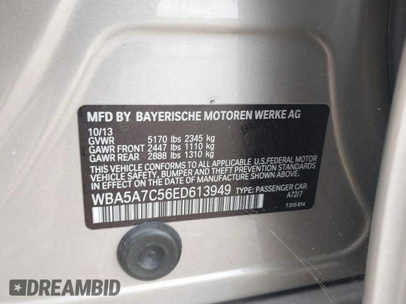 2014 BMW 5 Series 528i xDrive with VIN WBA5A7C56ED613949, listed as a IAAI auction lot 40353558 with 94,672 mi miles and . Bid and sale history available at DreamBid. Image 9.