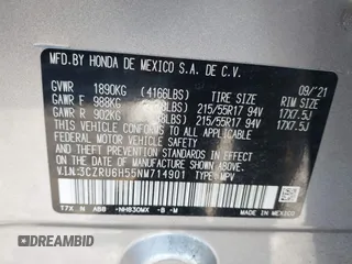 2022 Honda HR-V EX with VIN 3CZRU6H55NM714901, listed as a IAAI auction lot 41225964 with 63,103 mi miles and . Bid and sale history available at DreamBid. Image 9.